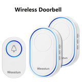 Wesstun Wireless Doorbell (2 Plug-in Receivers & 1 Transmitter) with 39 Ringtones 5-Level Volume Control & LED Light, IP67 Waterproof Door Chime Kit Operating at The Range of 300m - Imported from UK