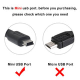Instructional graphic showing a Mini USB port on the left & a Micro USB port on the right