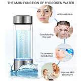 Hydrogen water bottle explaining benefits anti-oxidation, skin conditioning, metabolism support, & improved skin sensitivity