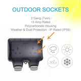 Weatherproof Outdoor 13A Double Gang Twin Switched Socket, IP66 Outside Outdoor Wall Weatherproof Plug Socket Box - Imported from UK