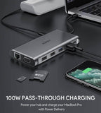 AUKEY 12-in-1 USB-C HUB Type C Adapter with RJ45 Ethernet, 2x USB 3.0, 2x USB 2.0, 2x HDMI 4k@30Hz, VGA, SD / MicroSD Card Reader, USB-C Data Port, 100W PD - Imported from UK