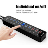 Atolla 10 Ports USB-C 3.0 HUB 7 USB 3.0 Data Ports + 4 Smart Charging Port with Individual On/Off Switches & 12V/4A Power Adapter USB Hub 3.0 Splitter - Imported from UK