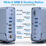 15 in 1 USB-C Docking Station 4K HD Vertical Hub with Triple Monitor 4K Display, Dual HDMI+DP, 5xUSB 3.0/2.0, PD 3.0, RJ45, SD/TF 3.0, 3.5 Audio  - Imported from UK