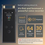 FoCase 64GB AI Voice Recorder with Playback, Voice Activated, Transcribe & Summarize, Translation, APP Control with Chat GPT, Aluminum Alloy Dictaphone, Audio Recorder for Lectures, Meetings - Imported from UK