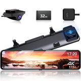 VVCAR 12" UHD 4K Mirror Dash Cam, Smart Touch Screen Rear View Mirror Camera Supports Zoom in Night Vision Parking Mode & Park Assist, w/1080P Back Up Camera, Free 32GB Card & GPS - Imported from UK