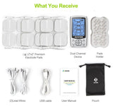 AUVON Dual Channel TENS EMS Unit, 24 Modes Muscle Stimulator for Pain Relief, Rechargeable TENS Machine Massager with 6 Pads, ABS Pads Holder, USB Cable & Dust-Proof Storage Bag - Imported from UK