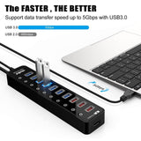 Atolla 10 Ports USB-C 3.0 HUB 7 USB 3.0 Data Ports + 4 Smart Charging Port with Individual On/Off Switches & 12V/4A Power Adapter USB Hub 3.0 Splitter - Imported from UK