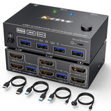 KCEVE KVM Switch USB3.0/HDMI Dual Display, 2 Computers 2 Monitors and 4 USB 3.0 Ports, 4K@60Hz 2K@144Hz, HD Resolution, Support Copy & Extended Display with EDID Emulator Function, Wired Remote Included - Imported from UK