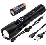 Outlite 5000 Lumens LED Flashlight With 5 Light Modes, USB Rechargeable Zoomable Tactical Handheld Torch for Camping Hiking Hunting Emergency, 5000mAh Battery (Container Product Without Box) - Imported from UK