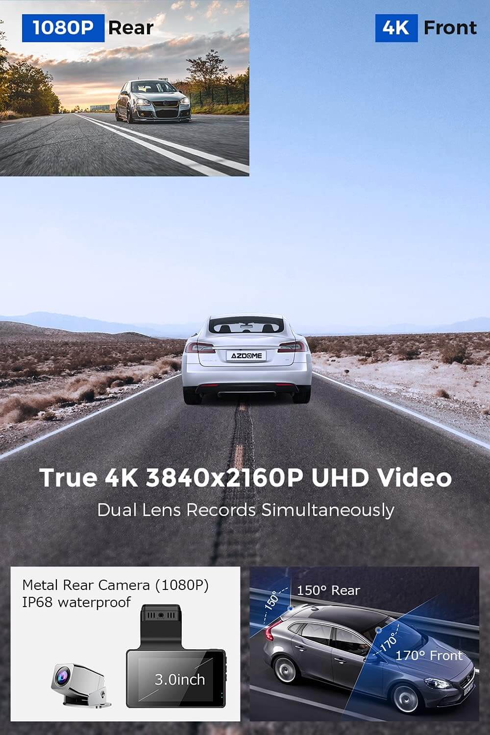 AZDOME M63 Lite 4K Dual Dash Cam 2K+1080P Dashboard Camera with GPS Wi ...