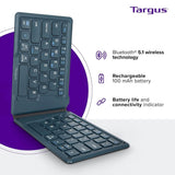 A Targus foldable wireless keyboard with feature callouts