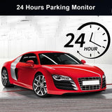 A red sports car reading 24 Hours Parking Monitor and 24 HOUR clock graphic