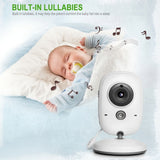 A baby sleep monitor and camera with text reading 'BUILT-IN LULLABIES' & musical note graphics