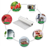 A vacuum sealer bags roll with callouts include Keep nutrition, Microwave, Boiling, Freezer, Refrigerator