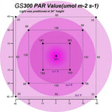 A diagram labeled 'GS300 PAR Value(umol m-2 s-1)' showing concentric light zones & measurement 