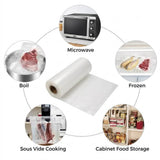 Roll of clear plastic food bags demonstrating uses: microwave, boil, frozen storage, sous vide cooking, & cabinet food storage