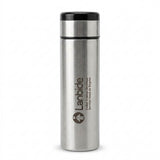 Stainless steel travel mug with a black lid