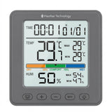 Weather Technology digital indoor air quality & climate monitor with a large backlit LCD screen showing humidity, temperature & indoor air quality metrics