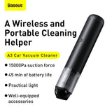 Baseus A3 Car Vacuum Cleaner 15kPa 135W Portable Small Mini Rechargeable Handheld Vacuum with Type-C Fast Charging & LED Light - Imported from UK