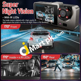 Iiwey T2Pro 3 Channel Dash Cam Front & Rear Inside 1080P With 4 Ir Lamps Super Night Vision 2.5 Lcd