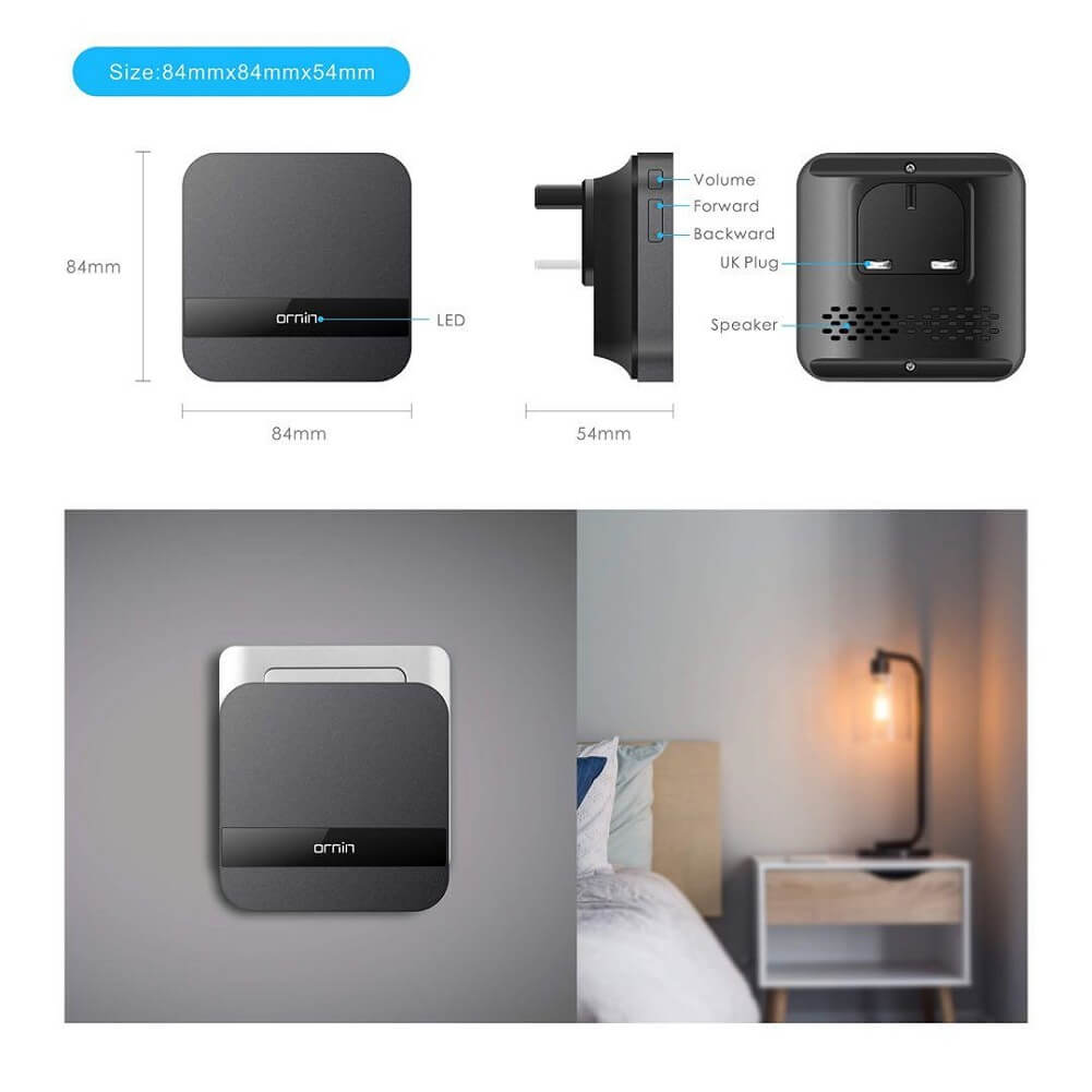 Ornin WiFi Video Doorbell with Chime, 1080P HD Camera, PIR Motion Detection, Two-Way Talk, IP65 Weatherproof for Home Security - Imported from UK