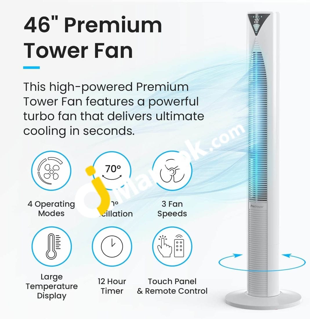  Pro Breeze 46 Oscillating Tower Fan with Remote, Floor  Standing Fan Oscillating 70° - Powerful Quiet 45W Cooling Fan for Bedroom,  3 Speed, 4 Modes, 12 hr Timer - Bladeless Tower