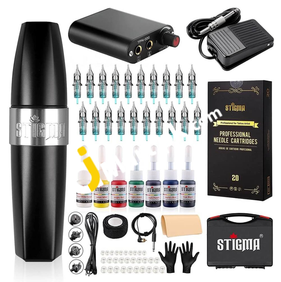 Stigma Tattoo Pen Machine Kit Rotary Complete Set With 20Pcs Cartridges Needles Power Supply Ink