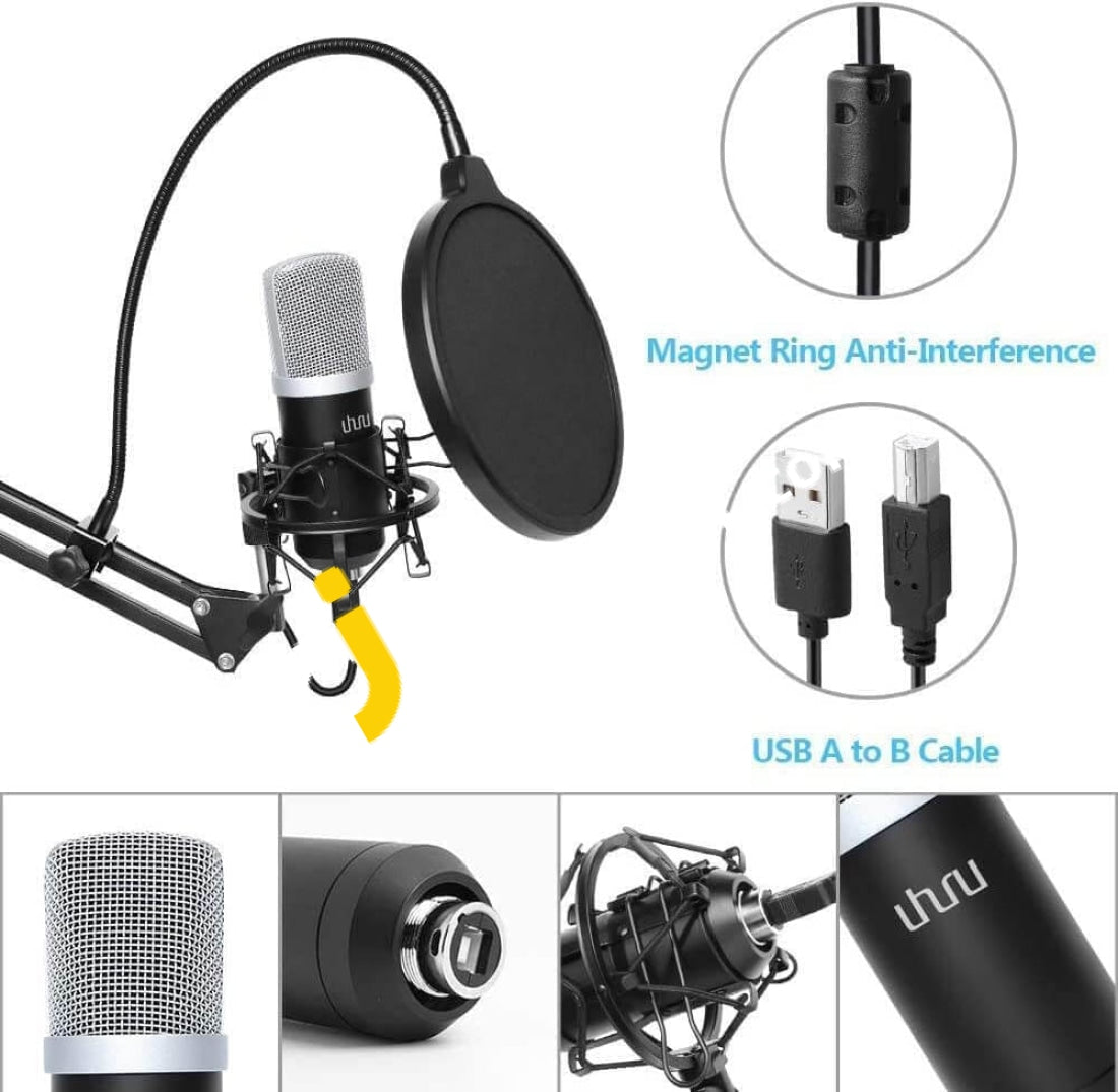 Uhuru Professional Usb Podcast Condenser Microphone Pc Streaming Cardioid Kit - Imported From Uk