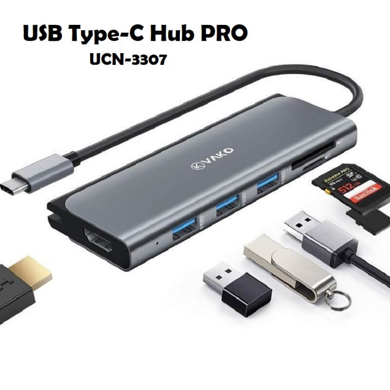 VAKO Type-C Hub PRO, 6-in-1 Hub with 4K HDMI Output, 3x USB3.0 Type-A, SD/Micro SD Card Slot - Imported from UK