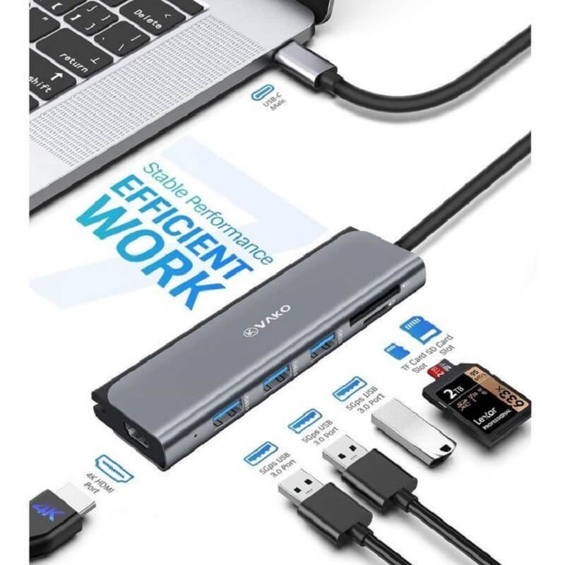 VAKO Type-C Hub PRO, 6-in-1 Hub with 4K HDMI Output, 3x USB3.0 Type-A, SD/Micro SD Card Slot - Imported from UK