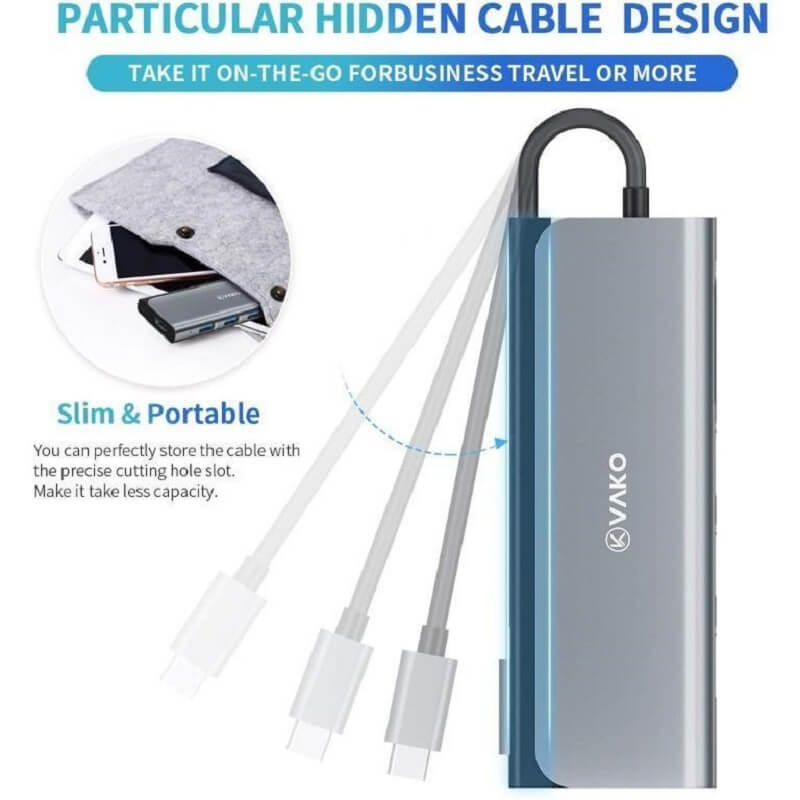 VAKO Type-C Hub PRO, 6-in-1 Hub with 4K HDMI Output, 3x USB3.0 Type-A, SD/Micro SD Card Slot - Imported from UK