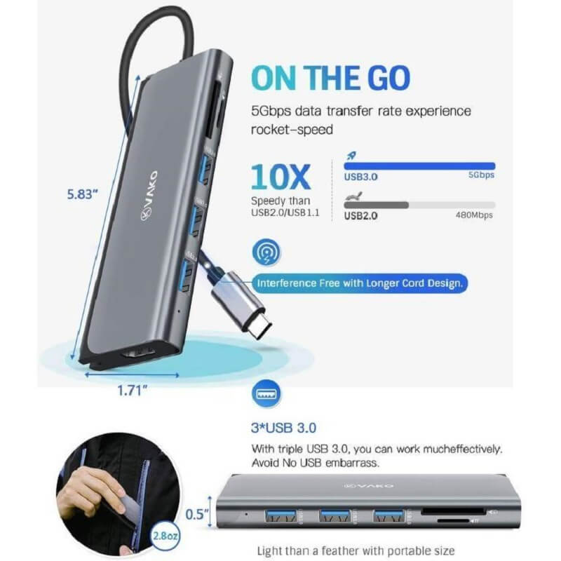 VAKO Type-C Hub PRO, 6-in-1 Hub with 4K HDMI Output, 3x USB3.0 Type-A, SD/Micro SD Card Slot - Imported from UK
