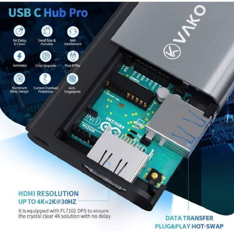 VAKO Type-C Hub PRO, 6-in-1 Hub with 4K HDMI Output, 3x USB3.0 Type-A, SD/Micro SD Card Slot - Imported from UK