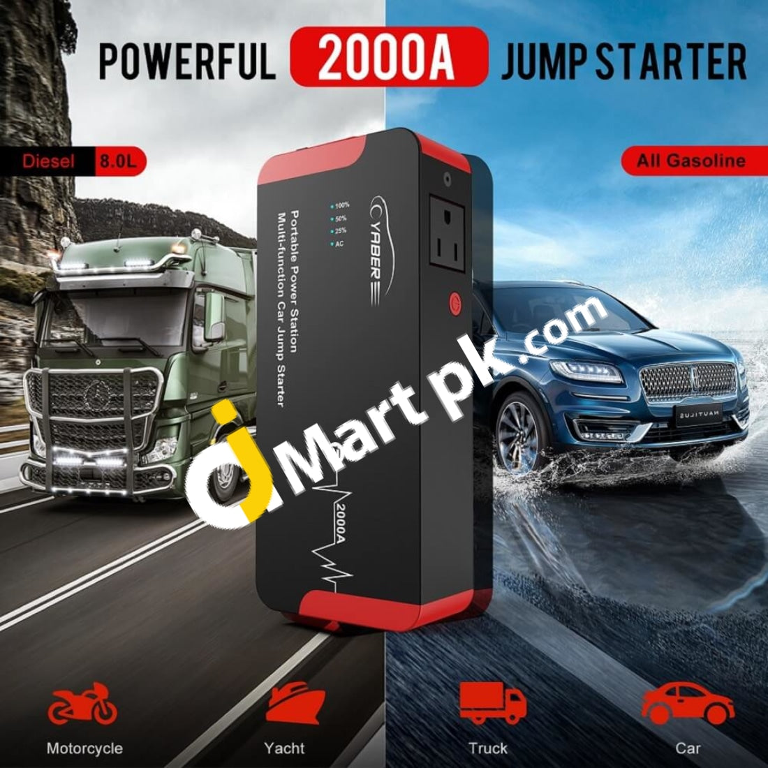 Yaber Car Jump Starter 2000A Peak 22000Mah 100W Portable Power Station Battery With Ac & Dc Output