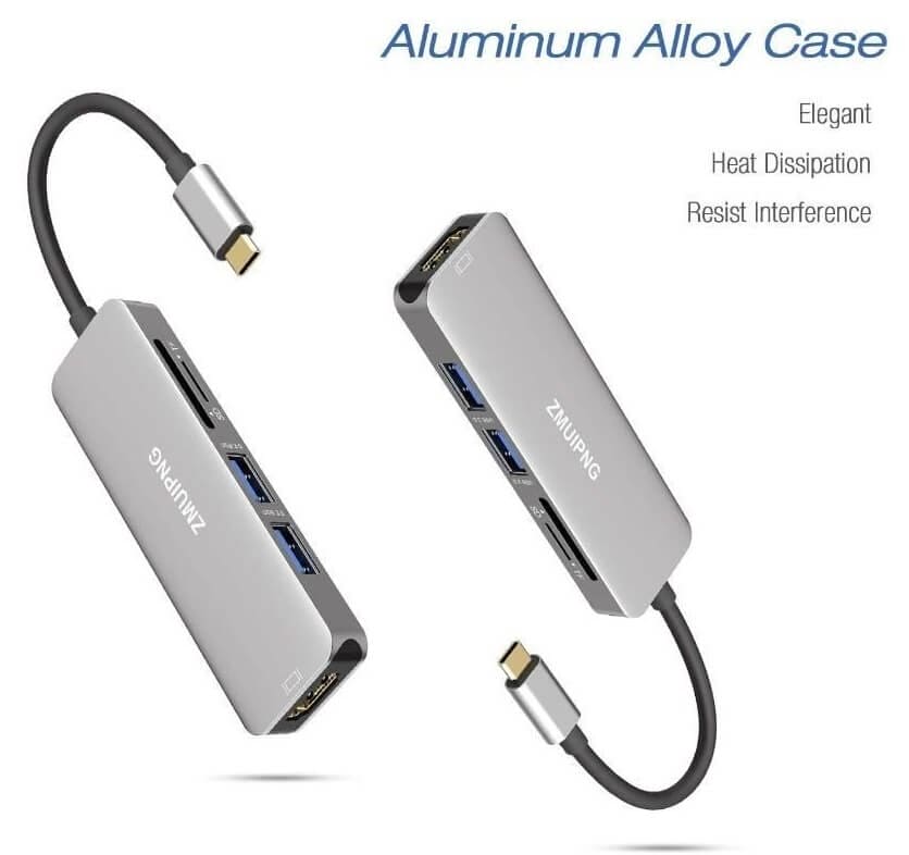 ZMUIPNG 5-in-1 USB C Hub Adapter, Type C Dongle with 4K HDMI, 2 USB 3.0 Ports, SD/TF Card Reader - Imported from UK