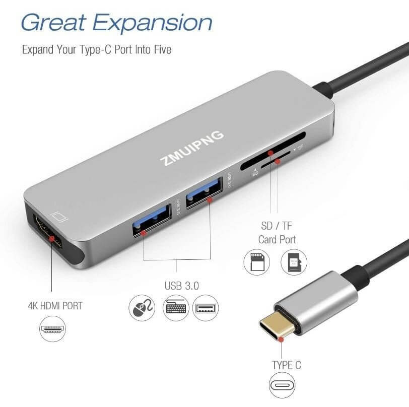 ZMUIPNG 5-in-1 USB C Hub Adapter, Type C Dongle with 4K HDMI, 2 USB 3.0 Ports, SD/TF Card Reader - Imported from UK