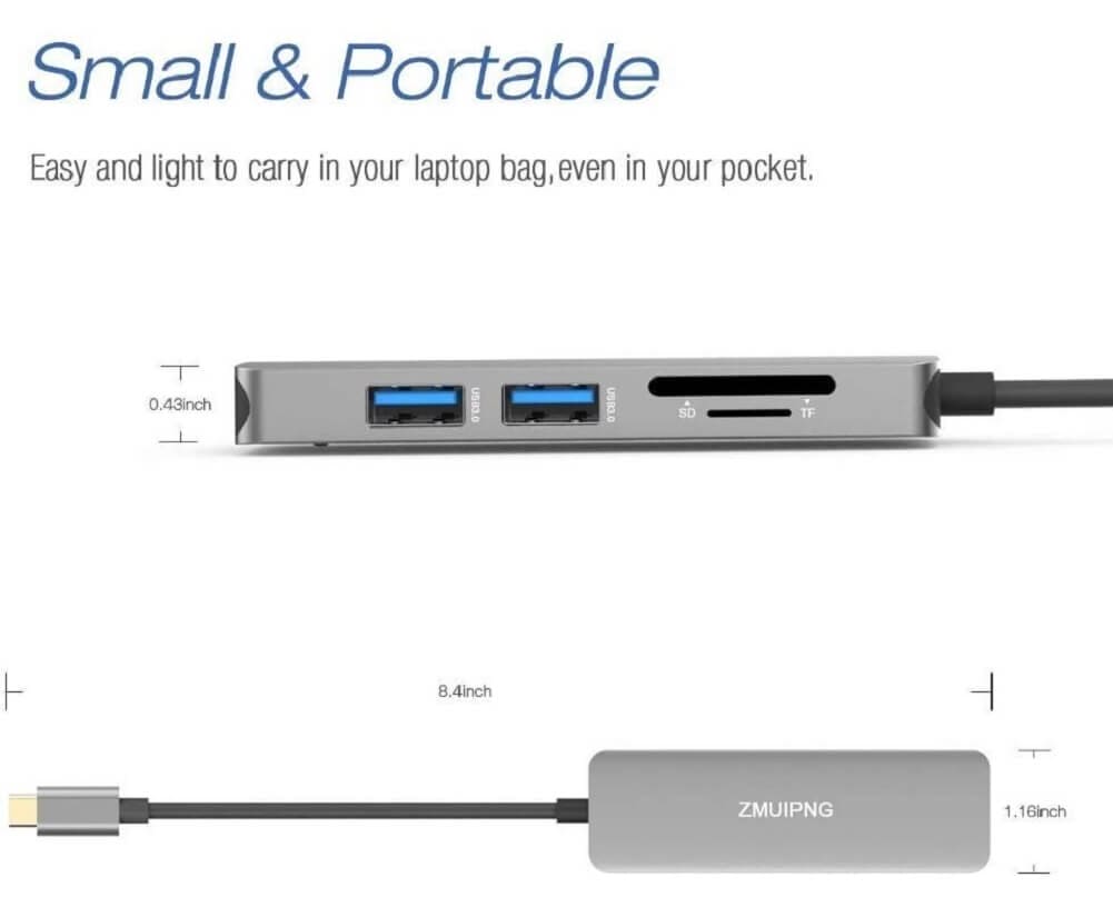 ZMUIPNG 5-in-1 USB C Hub Adapter, Type C Dongle with 4K HDMI, 2 USB 3.0 Ports, SD/TF Card Reader - Imported from UK