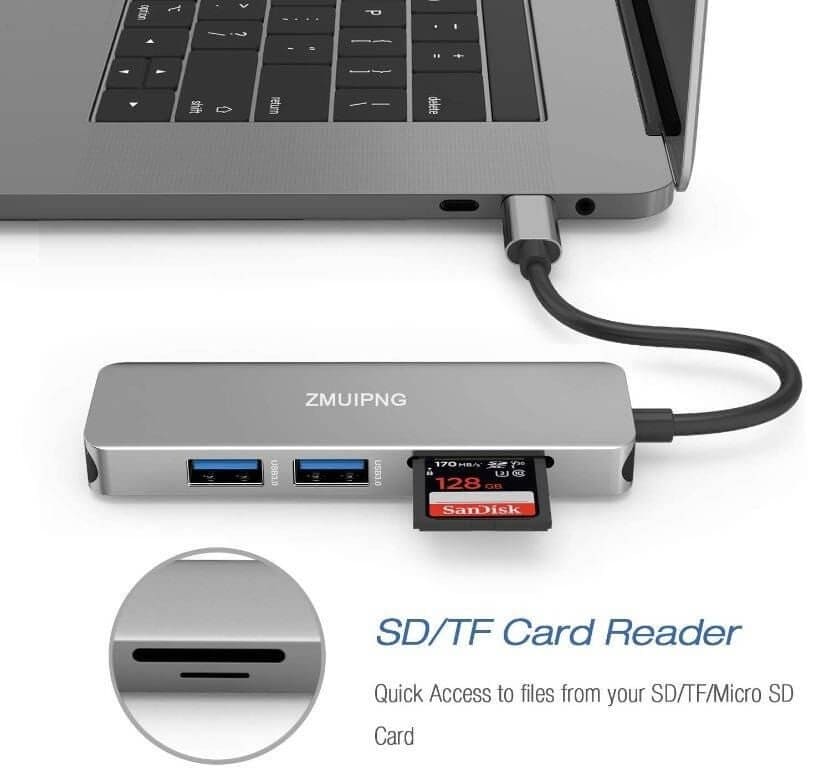 ZMUIPNG 5-in-1 USB C Hub Adapter, Type C Dongle with 4K HDMI, 2 USB 3.0 Ports, SD/TF Card Reader - Imported from UK