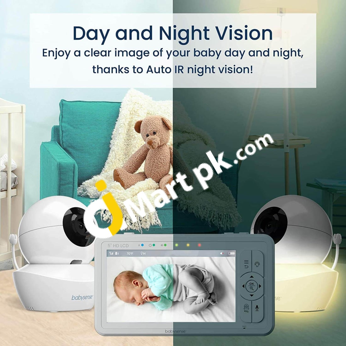 Babysense 5 Hd Split Screen Video Baby Monitor With 2 Cameras Night Light Pan Tilt Zoom Non-Wifi S2