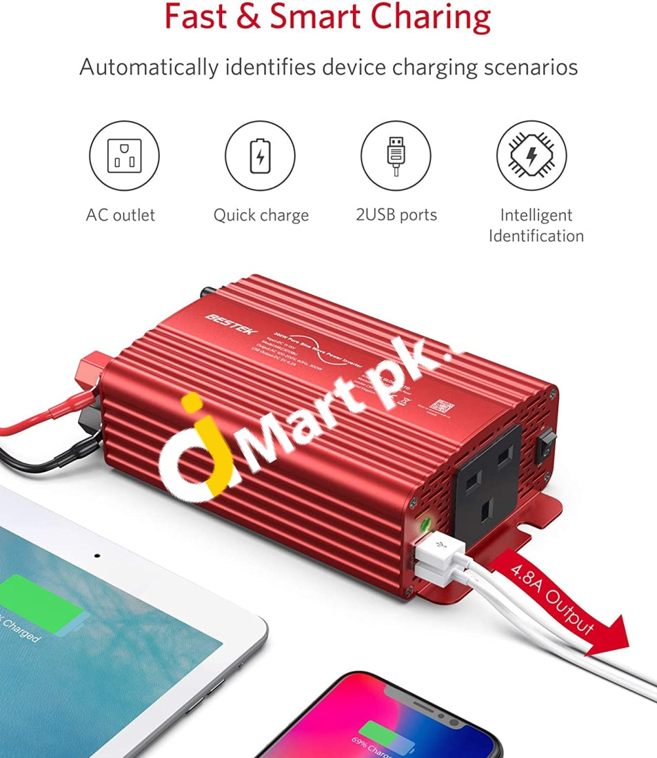 Bestek® 300W Car Power Inverter Dc 12V To Ac 240V With 12-Volt Clip-On Battery Charger ~ 4.2A Dual