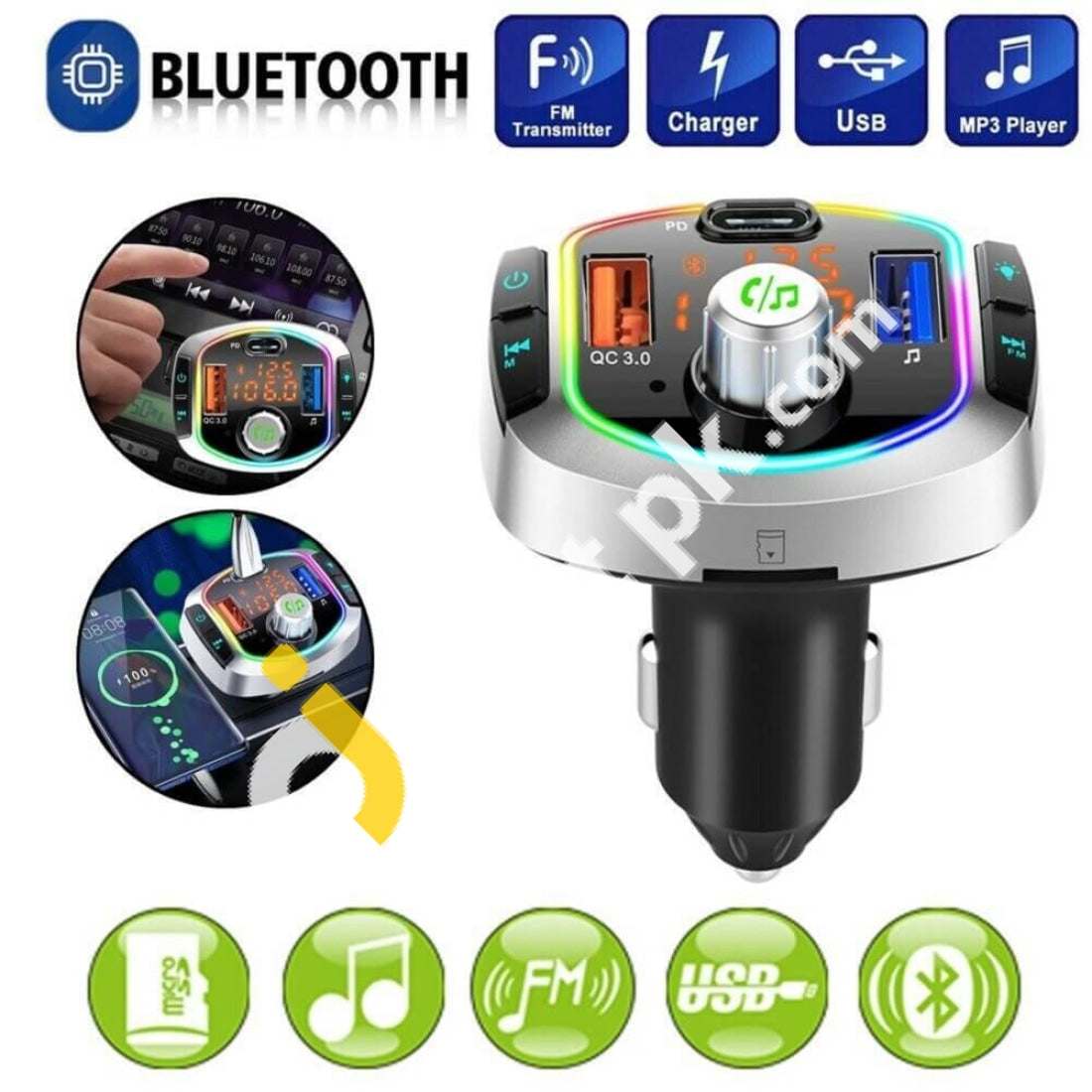 Bluetooth 5.0 Car Charger Qc3.0+Usb-C Fast Wireless Fm Transmitter With 7 Led Backlit Hands-Free