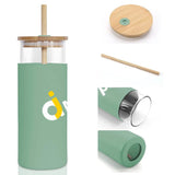 Ebingoo 450ml Glass Bottle/Cup with Wooden Lid & Straw, Covered with Silicone Protective Cover - Imported from UK