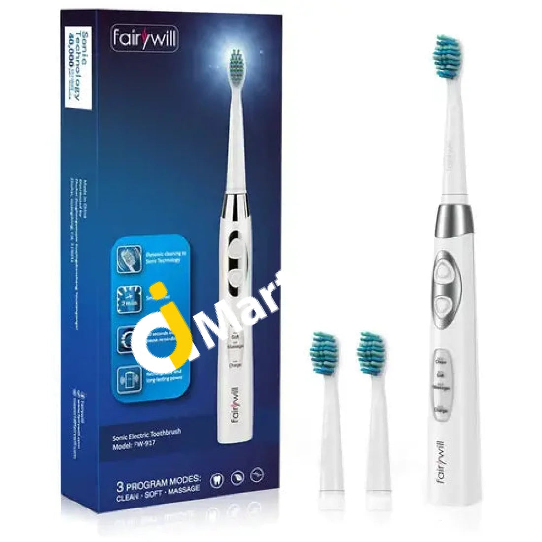 Fairywill 917 Sonic Electric Rechargeable Toothbrush With 3 Replacement Heads (White)- Imported From