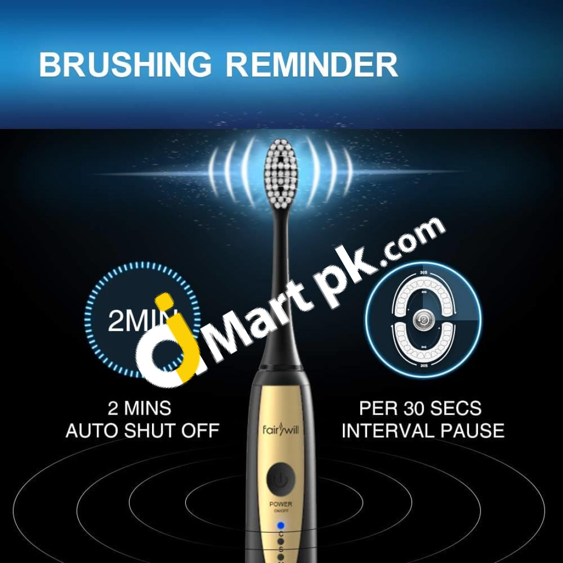 Fairywill Fw-2081 Sonic Usb Electric Toothbrush With 2 Replacement Heads Waterproof Ultra-Powerful