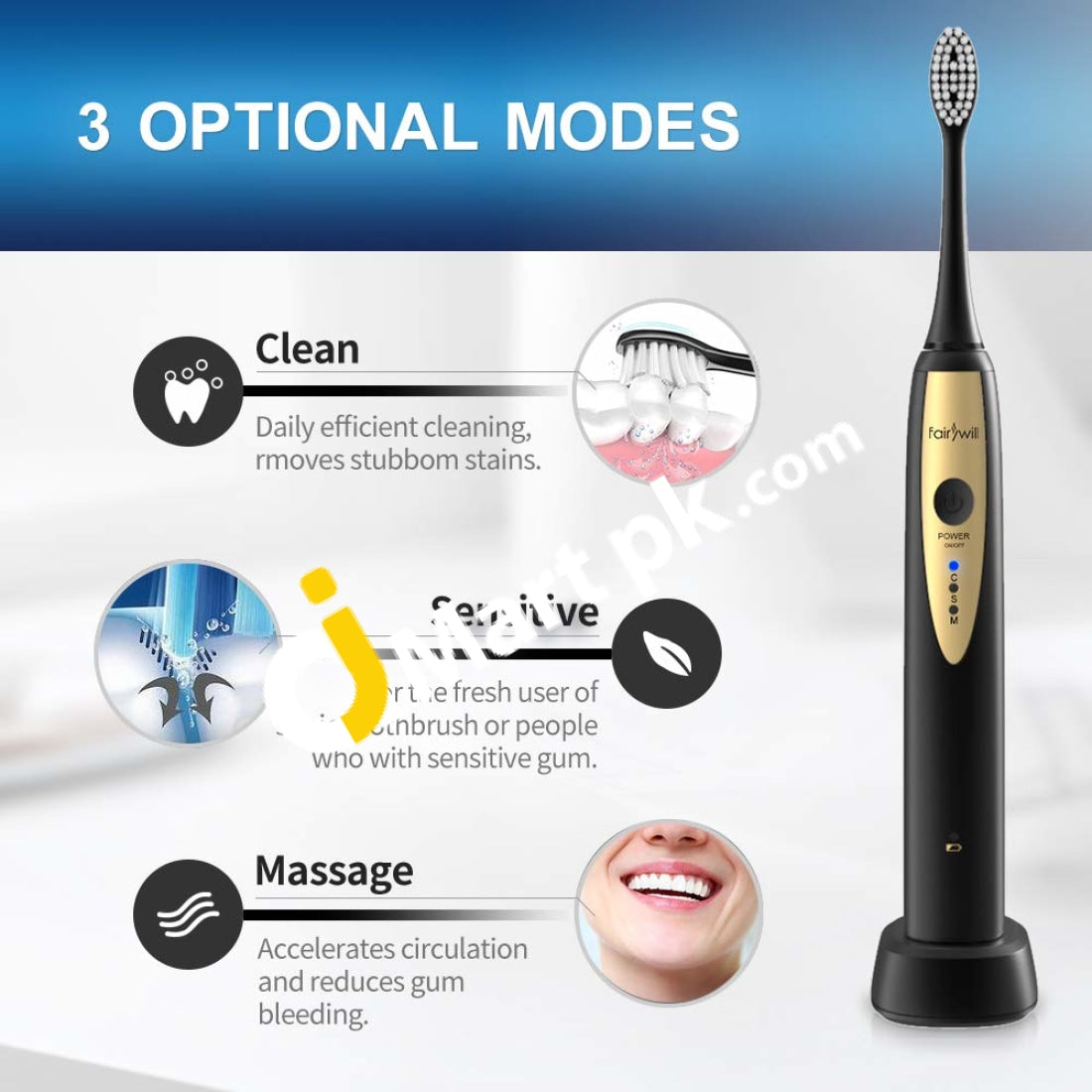Fairywill Fw-2081 Sonic Rechargeable Electric Toothbrush Waterproof With 2 Replacement Heads