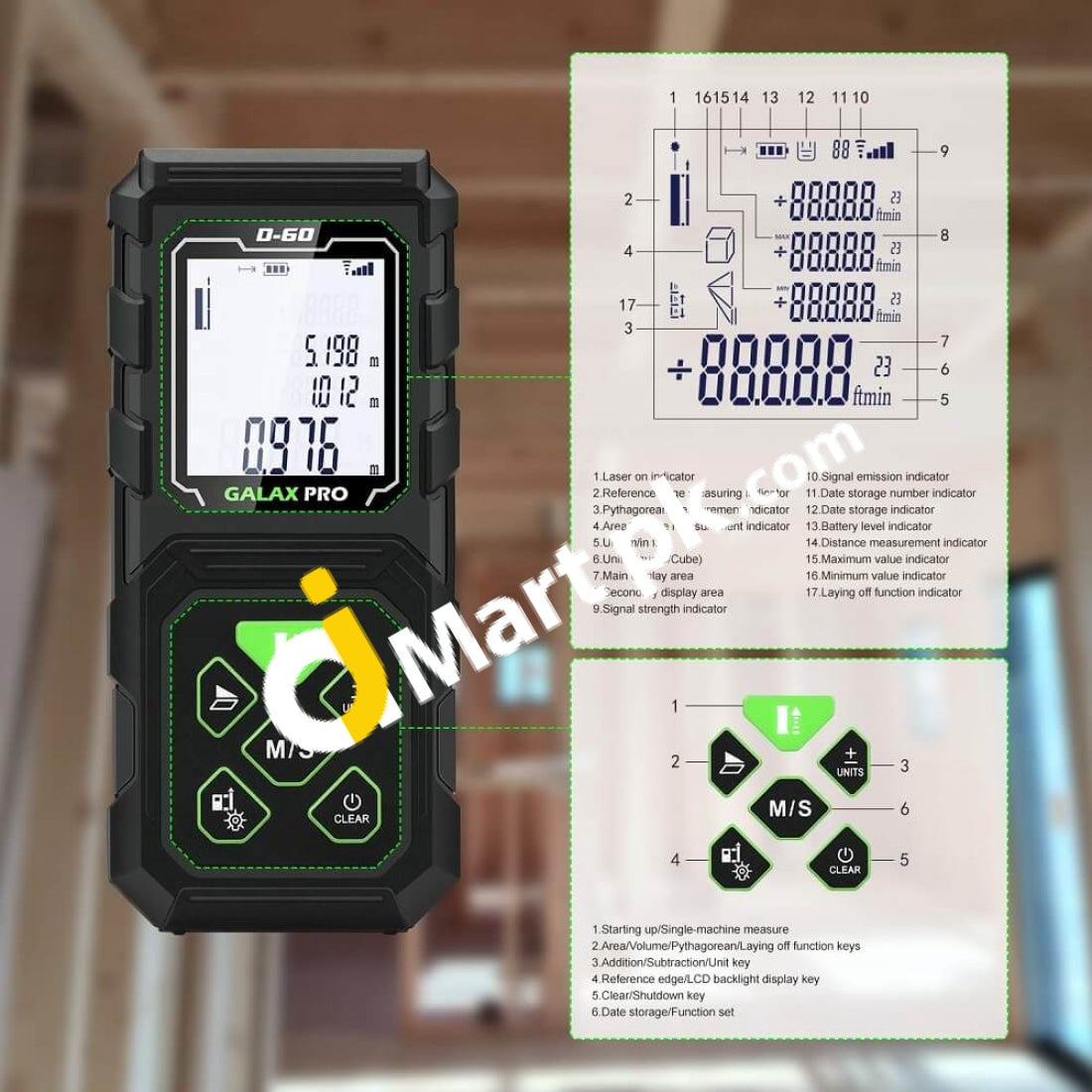 Galax Pro Laser Distance Meter 196Ft/60M Digital Tape Meaursement Tool Measuring Device With Large