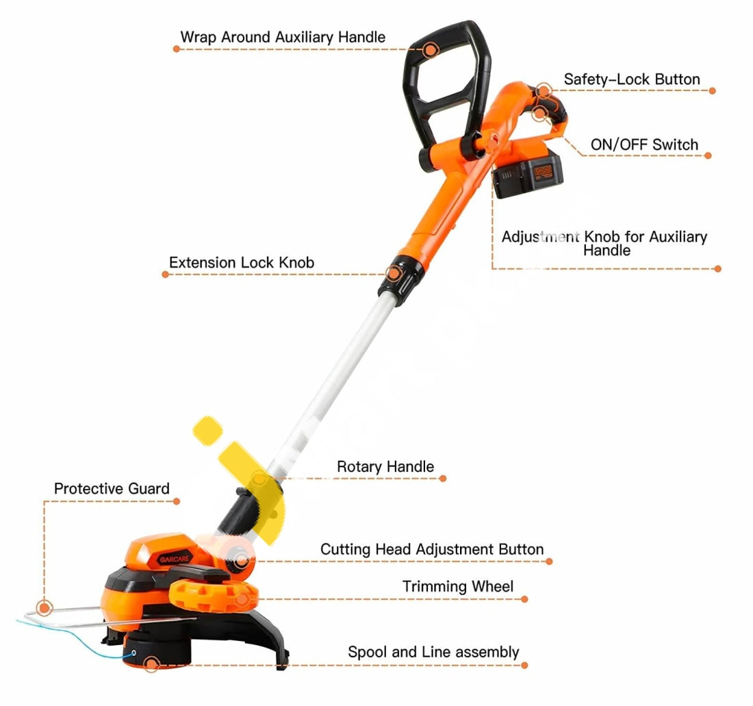Garcare Cordless Grass Trimmer 20V 4.0Ah Telescopic Electric Cutter String With Battery And Charger