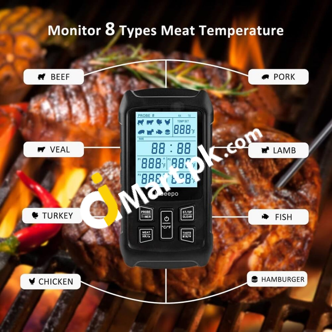 Juseepo Digital Meat Thermometer, Wireless BBQ Thermometer with 4 Prob –  AJMartPK