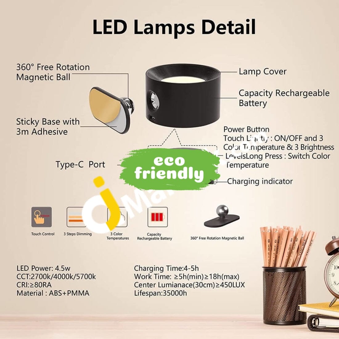 Multifunctional Magnetic Led Lamp 2-In-1 Rechargeable Touch Control Table/Wall Warm/White Color Mode