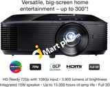 Optoma SVGA Full HD 3D DLP 3900 lumens for Lights-on Viewing Home & Outdoor Movie Projector, 3D-Compatible with HDMI, VGA, USB- A Power, 2W Built-in Speaker - Imported from UK